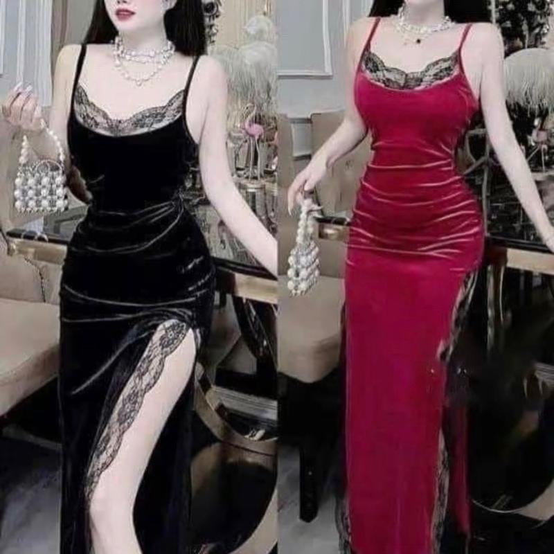 CHẤT NHUNG MÚT SỊN Đầm body maxi xẻ phối ren ( CÒN đen - đỏ đô ) Ôm gọn NHUNG Nữ Dress váy body xoắn eo 1