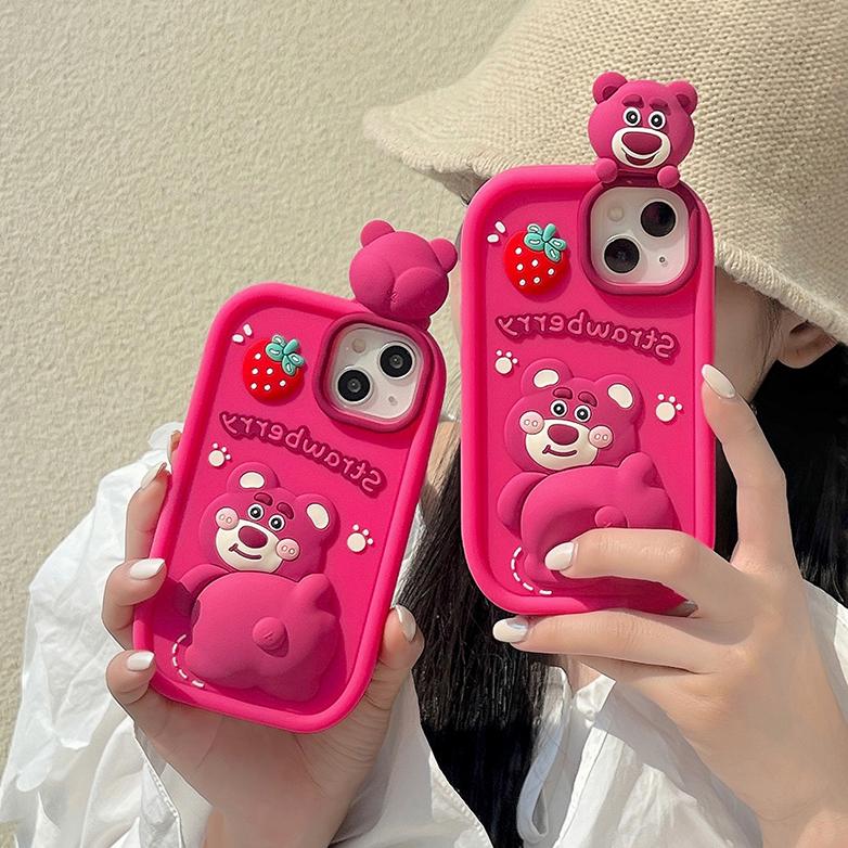Nắp lưng silicon mềm chống sốc, 3D, dễ thương, gấu dâu tây, giảm áp lực, Ốp Điện Thoại , tương thích iPhone 14 13 12 Pro Max 11, dày