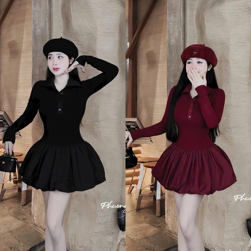 Hàng mới về - Đầm tay dài cổ trụ cài nút tay dài, dáng ngắn 2 tầng xòe nhẹ dưới xinh xắn, chất thun tăm phối mango lụa mềm mịn phù hợp đi dự tiệc MeiCloset