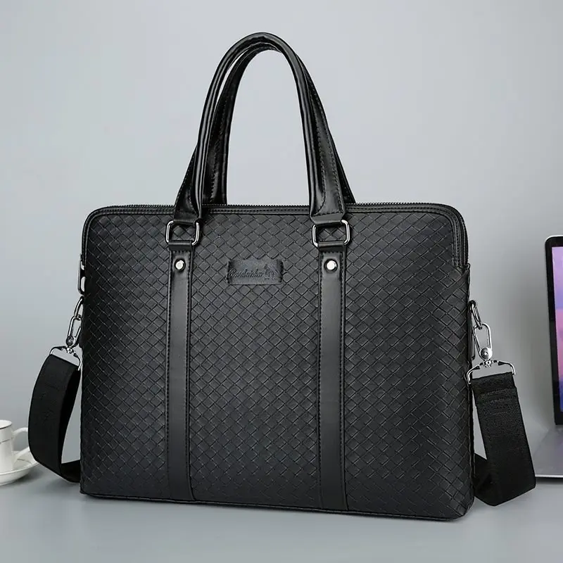 Men's Business Casual PU Leather Woven Briefcase Laptop Bag - Large Capacity with Multiple Compartments, Adjustable Shoulder Strap & Top Handle, Sleek Black for Office, Travel, Everyday Use, Computer Laptop Carry Bag, Durable Woven Texture 2