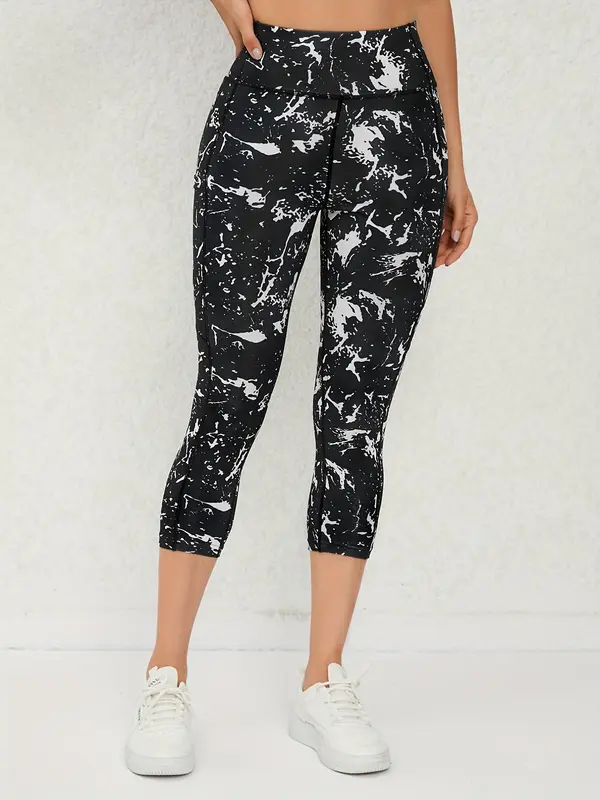 Women's All Over Print High Waist Sports Leggings, Casual Sporty Comfy Breathable Capri Skinny Pants for Yoga Gym Workout Running, Women Sport & Outdoor Clothing for Summer Spring Fall 0