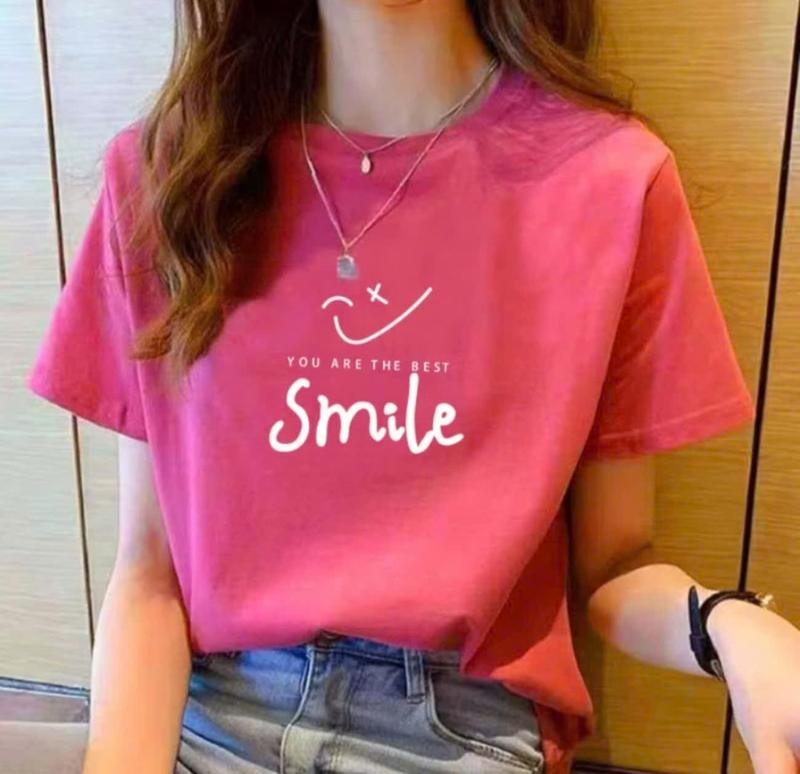 Áo thun nữ ngắn tay in hình đơn giản chất liệu thun cotton su co giản 4 chiều Women Top Voi Nhung Kem Jean Cổ Tròn