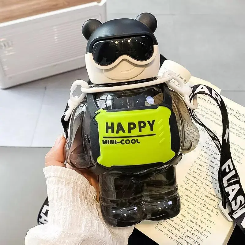 800ml Cartoon Design Water Bottle, 1 Count Portable Cute Water Bottle With Straw & Lanyard, Drinking Bottle For Student 0