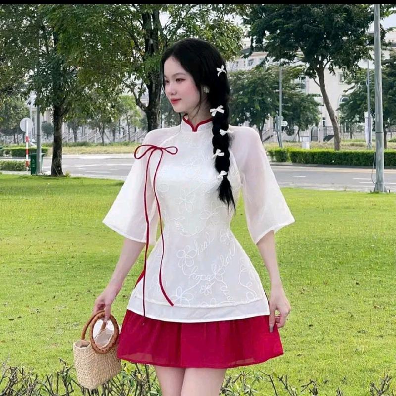 SÉT ÁO DÀI CÁCH TÂN THÊU HOA ĐÍNH NƠ KÈM CHÂN VÁY XÒE TRẺ TRUNG MẶC TẾT SIÊU XINH CÓ 3 MÀU,3 SIZE S,M, Nữ Tre Top tết Women 4