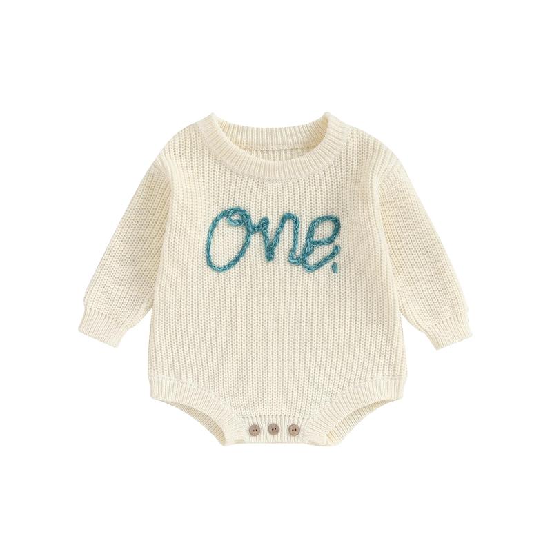Infant Baby Knit Jumpsuit Letter Embroidered Long Sleeve Round Neck Romper Fall Winter Outfits 3