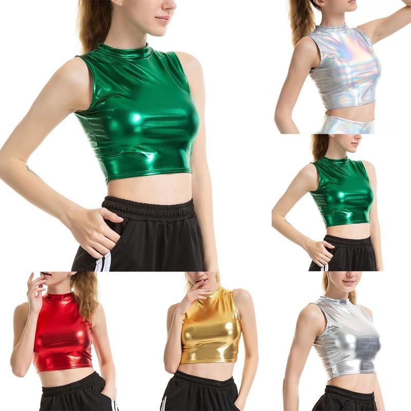Áo Crop Top Giả Da, Dành Cho Nữ, Lấp Lánh, Phong Cách Wetlook, Cổ Lừa, Thích Hợp Cho Trang Phục Khiêu Vũ Và Trang Phục Câu Lạc Bộ, Áo Ba Lỗ Women 6