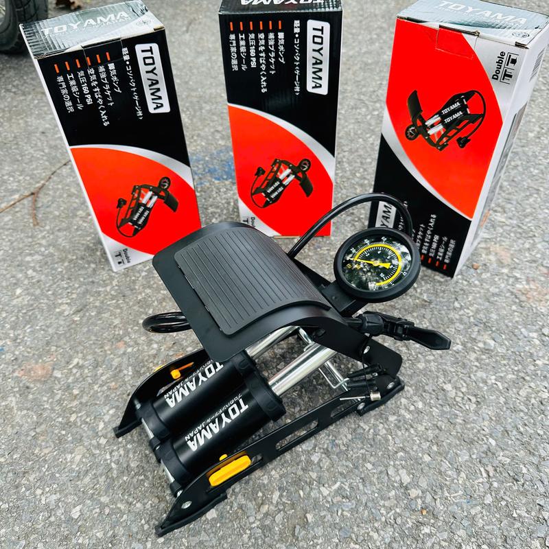 Bơm đạp chân 2 ống TOYAMA dành cho xe đạp ô tô xe máy có đồng hồ đo áp suất