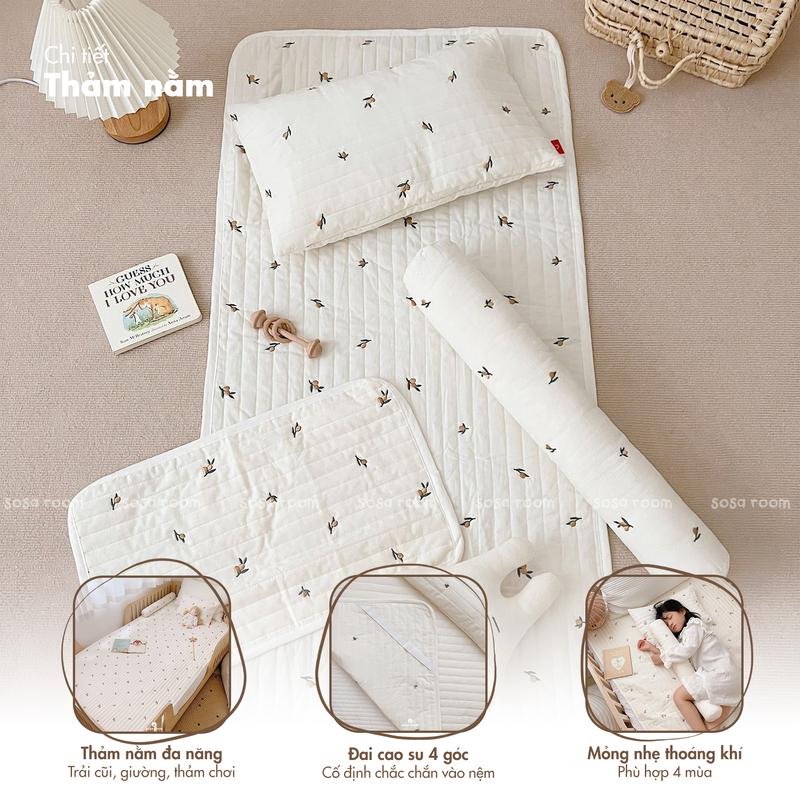 Quây cũi thảm gối, thêu olives, trần bông hữu cơ, quây chống va đập cho bé 2