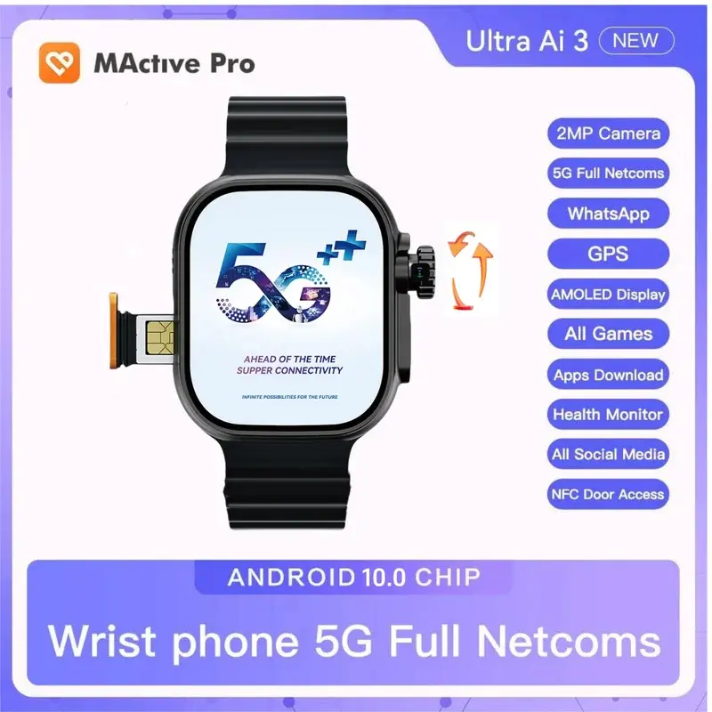 Microwear S10 Ultra ai3 5G SIM Card Android 10.0 2.2 ''Amoled Health Monitoring 180 ° Rotary Camera 256GB Smart Watch