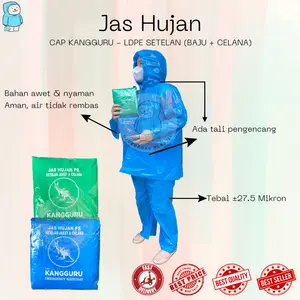 [1Lusin = 12Pcs] Jas Hujan LDPE Setelan Baju + Celana Cap Kangguru | Mantol | Mantel | Raincoat | Rain Cover | Bambu | Joji | Merah Putih | Rajawali | Hugo | Rainwalk | 99 | HCS