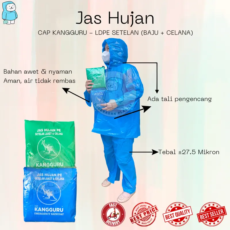[1Lusin = 12Pcs] Jas Hujan LDPE Setelan Baju + Celana Cap Kangguru | Mantol | Mantel | Raincoat | Rain Cover | Bambu | Joji | Merah Putih | Rajawali | Hugo | Rainwalk | 99 | HCS 0