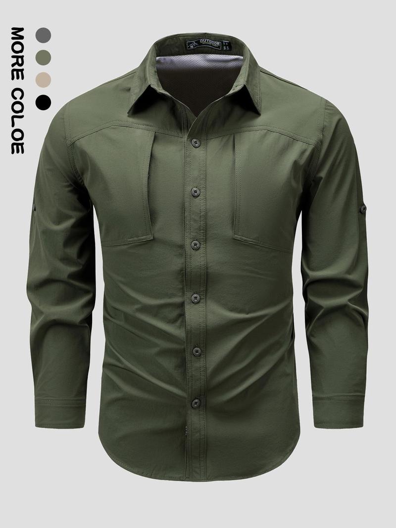 Product Introduction of Men's Solid Long Sleeve Button Up Shirt, Regular Fit Casual Quick Drying Breathable Sports Top for Outdoor Activities, Men's Clothes for All Seasons, Menswear 7