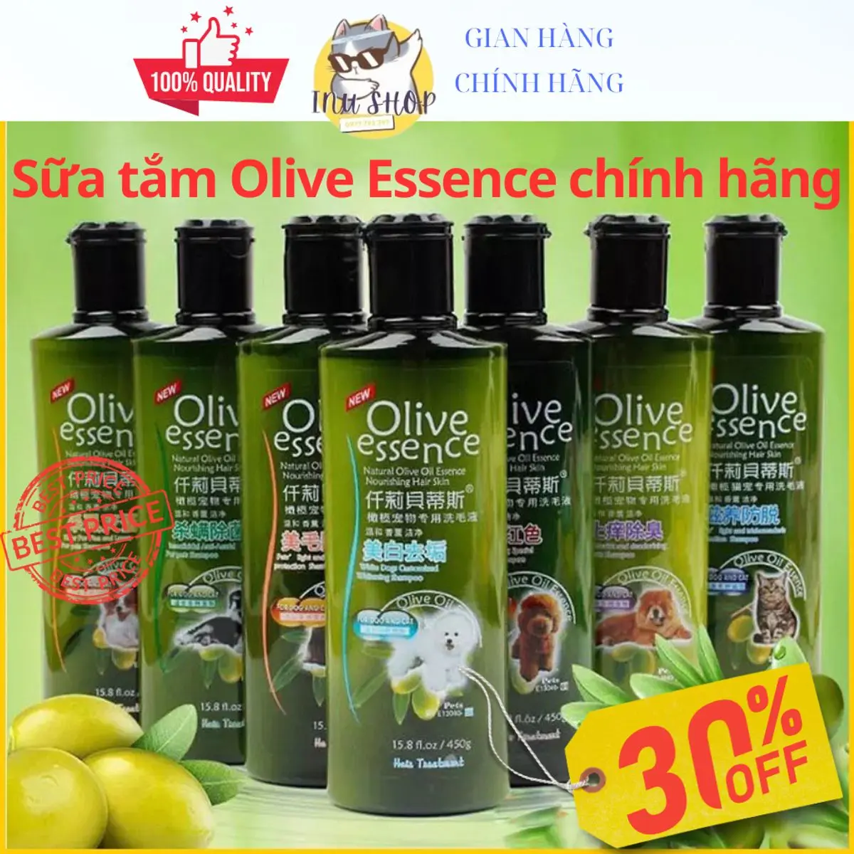 Sữa tắm OLIVE ESSENCE cho chó mèo chai 450ml giúp dưỡng mượt lông, khử mùi, trị rận, bọ chét. Sản phẩm chính hãnġ xà phòng