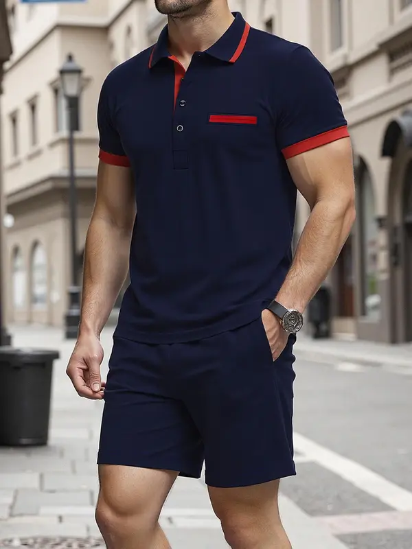 Two-Piece Set Men's Patchwork Short Sleeve Polo Shirt & Shorts, Regular Fit Casual Fashion Cozy Breathable Top & Shorts for Daily Outdoor Wear, Men's Clothing for Summer 0