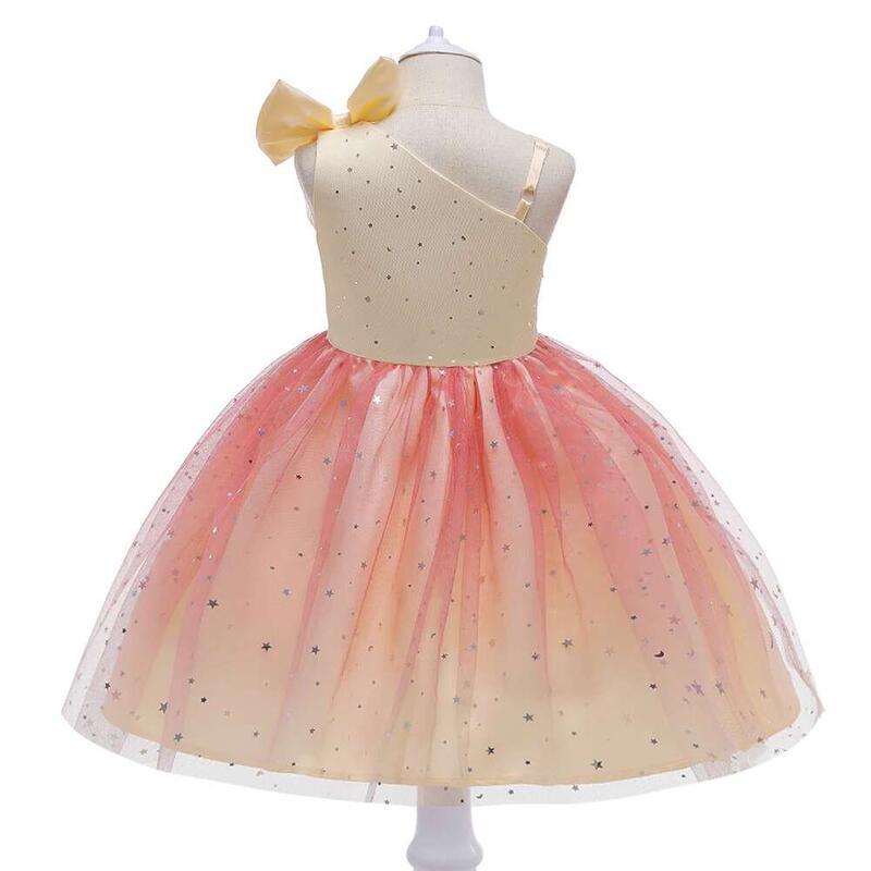 Product Introduction of Fluffy Star Sequin Slant Shoulder Girls Dress Elegant Princess Party Wedding Bridesmaid Gown Birthday Girl Clothes Summer Dresse 16
