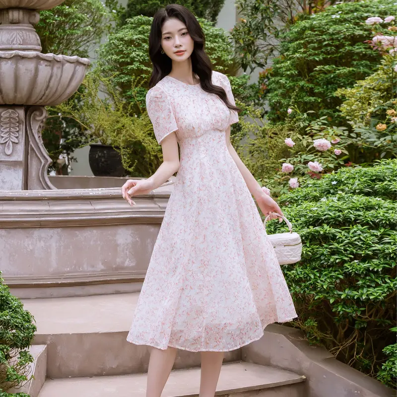 Đầm Váy Hoa Nhí Công Sở LENDO V240333 Dáng Dài Xòe A Tay Bồng Ngắn Cổ Tròn Dúm Ngực Nữ Women 0