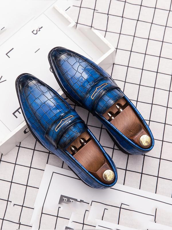 Men's Business Solid Color Crocodile Embossed Slip-on PU Leather Shoes, Fashionable Low Heel Dress Shoes For Work Office, Male Pointed Toe Shoes 0