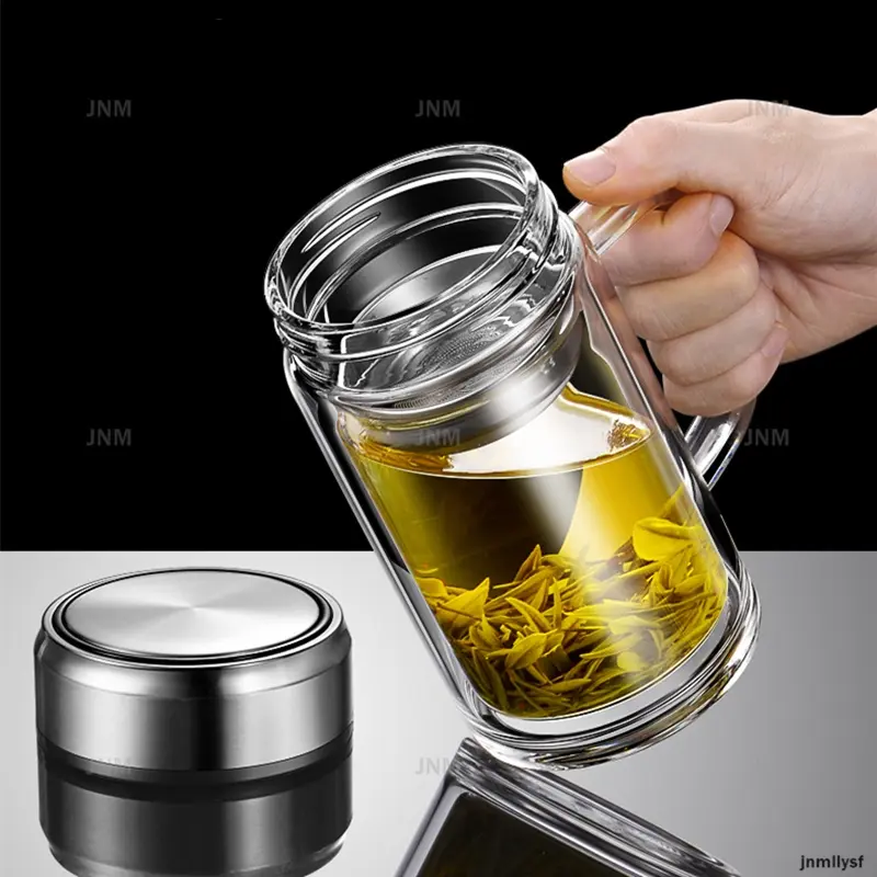 Double Glass Cup with Handle Thickened Transparent Glass Teapot Large Capacity Office Water Cup Filter Bubble Tea Cup