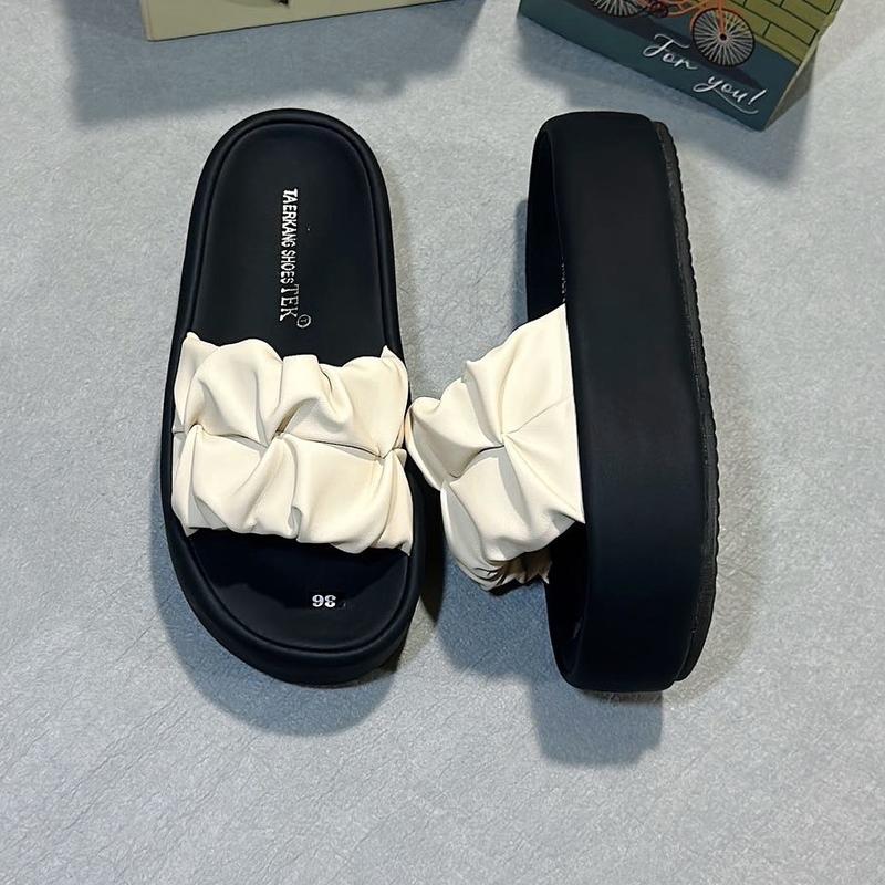 DéP Nữ E01 Quai Ngang Nhúng mũi tròn Đế Cao 5cm màu kem/đen/nâu Chống Trơn Thoải Mái Khi Mang