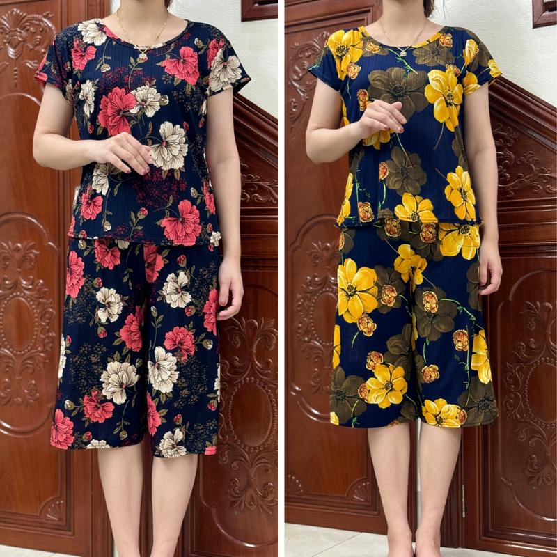 Bộ Đồ Trung Niên Cho Mẹ và Bà Chất Tăm Lụa Thoáng Mát Bộ Quần Áo Trung Niên Quần Lửng Tay Ngắn Nữ Thun Women Top Ong