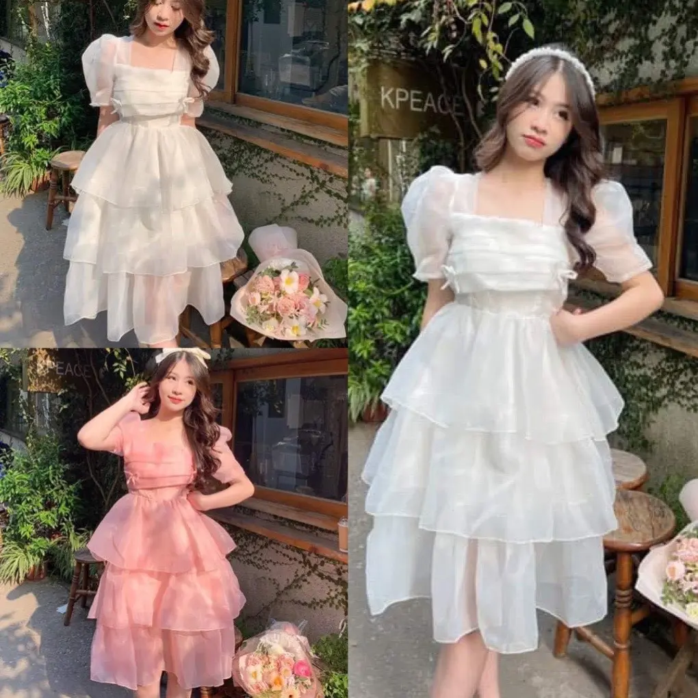 Váy công chúa voan tơ 3 tầng cổ vuông xếp ly đính nơ nhỏ, đầm nữ xoè dáng dài tay bồng trắng hồng đi chơi dự tiệc, YAN BOO