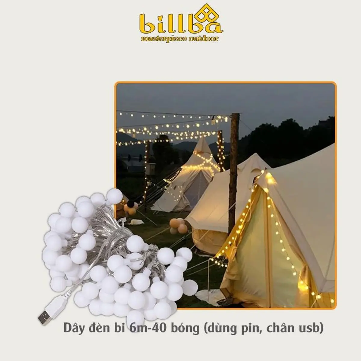 Dây đèn trang trí ngoài trời 6m 40 bóng Led chống nước - Dây đèn led trang trí sân vườn, phòng khách - Billba Outdoors