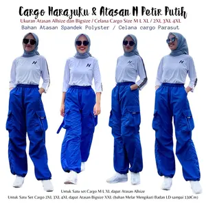 Cargo Harajuku Biru Bahan Parasut dan Baju Senam Atasan Putih N Petir Olahraga Zumba Aerobik Unisex Bisa dibeli Satu Stel dan Pembelian Terpisah