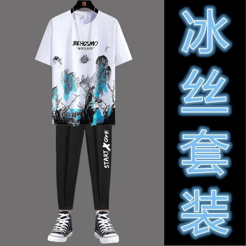 Product Introduction of 2PCS Men Suit Fashion All-Match Sports Running Fitness Top Pants Thin Casual Sports Suit Ice Silk Short Sleeve New Gradient T-shirt Cropped Pants Casual Pants 11
