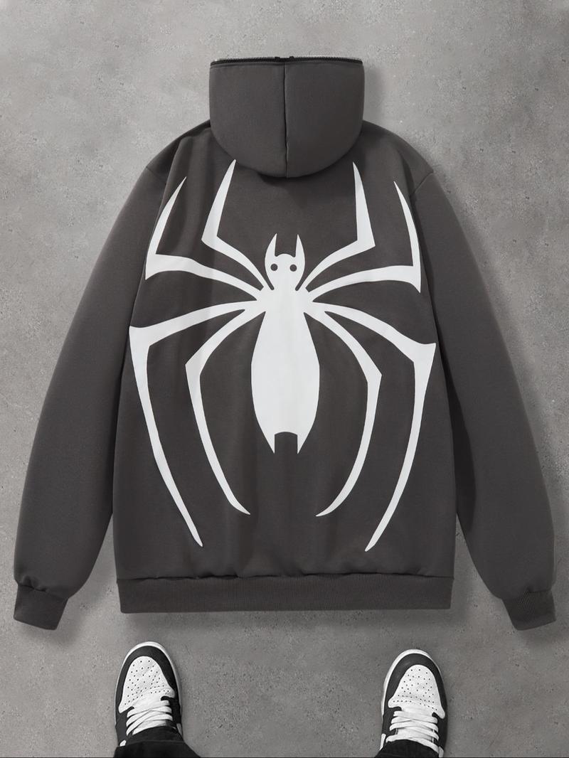 Product Introduction of Men's Cartoon Spider & Letter Print Zip Up Hoodie, Regular Fit Casual Street Long Sleeve Hooded Sweatshirt for Daily Wear, Men's Clothes for All Seasons 7
