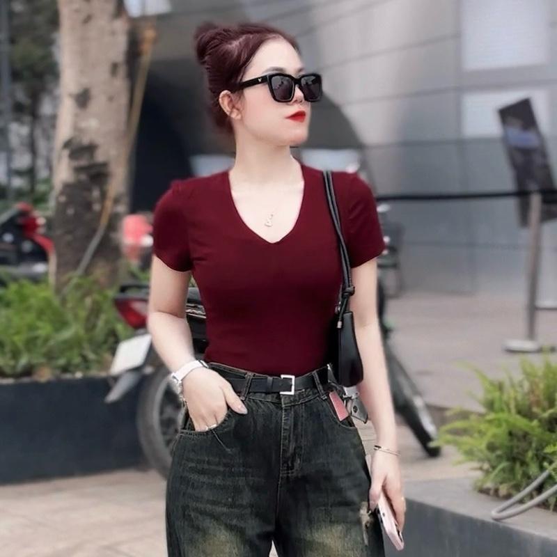 339 BIGGSIZE Áo phông nữ form vừa, áo thun nữ cộc tay trơn cổ V trơn basic