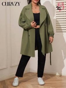CURVZY Plus Size Solid Button Front Belted Trench Coat, Casual Long Sleeve Outerwear for Spring & Fall, Women's Clothes for Daily Wear