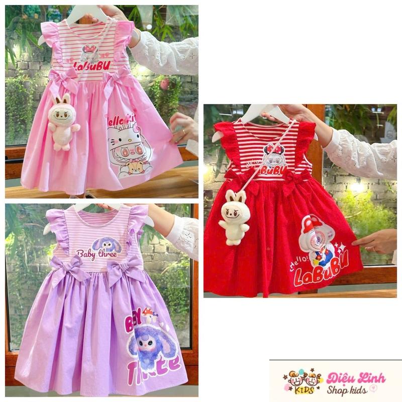Đầm Váy kẻ cotton baby three bèo nơ DL53 cho bé gái size 8-36kg - Diệu Linh shop kids( không túi labubu)