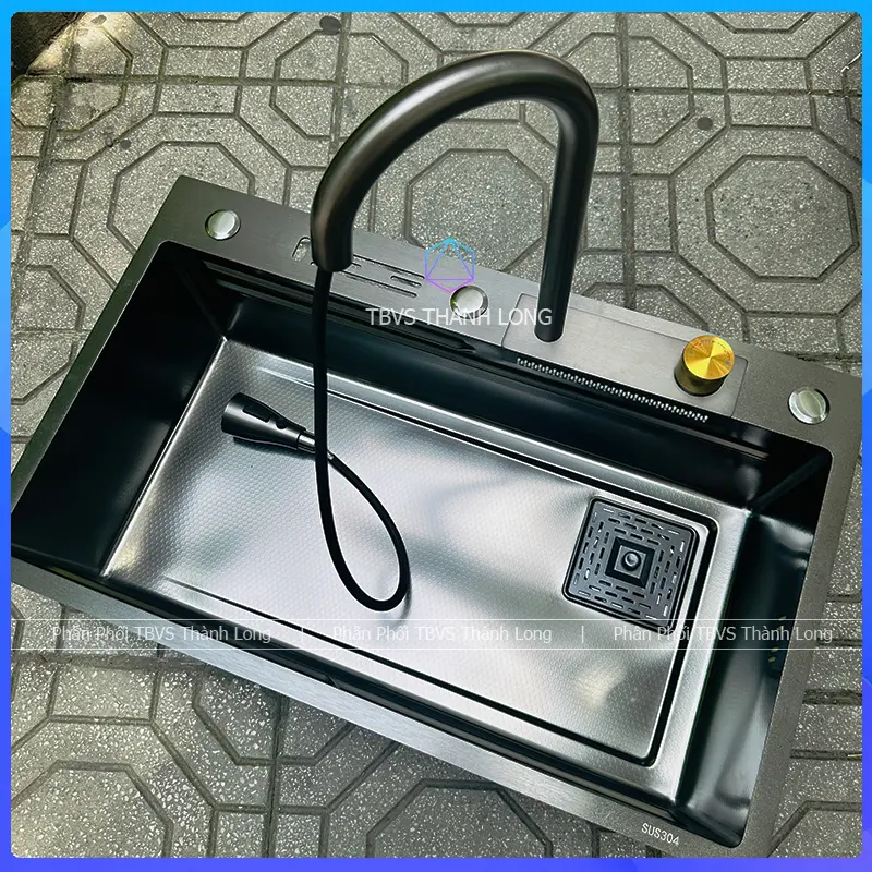 (7546 Cài Dao) Chậu Rửa Bát 1 Hố INOX 304 Phủ Nano, Bồn Rửa Chén 1 Ngăn Kèm Vòi Thác Nước - Màu Nano 6