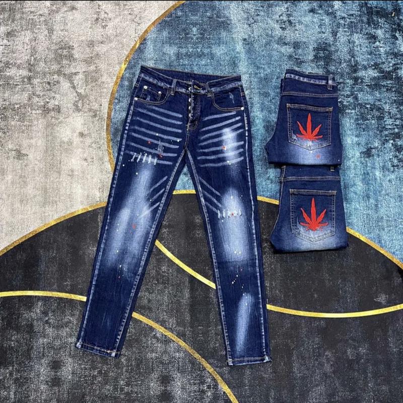 Product Introduction of Quần jean nam xanh dài thêu lá phông đỏ bản 4 cúc Pants Menswear Có Túi 22