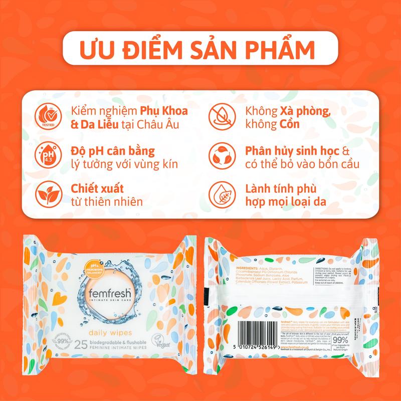 Product Introduction of Khăn ướt vệ sinh vùng kín hàng ngày Femfresh Intimate Skincare Daily Wipes (Độ pH cân bằng-Không chứa paraben- Không chứa xà phòng- Không cồn) Nữ, Women 4