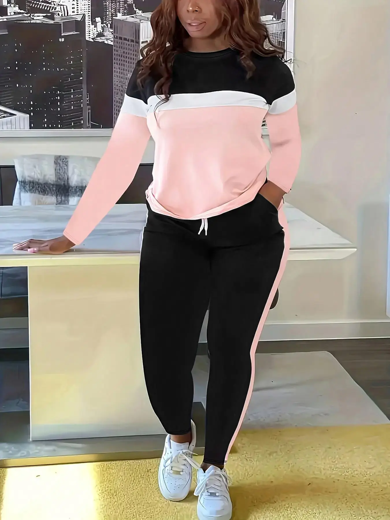 Women's Colorblock Striped Print Sweatshirt & Drawstring Waist Pants Two-piece Set, Casual Long Sleeve Round Neck Top & Side Stripe Trousers 2 Piece Set for Summer, Women's Year-round  Clothes for Daily Wear, Two Piece Set Women