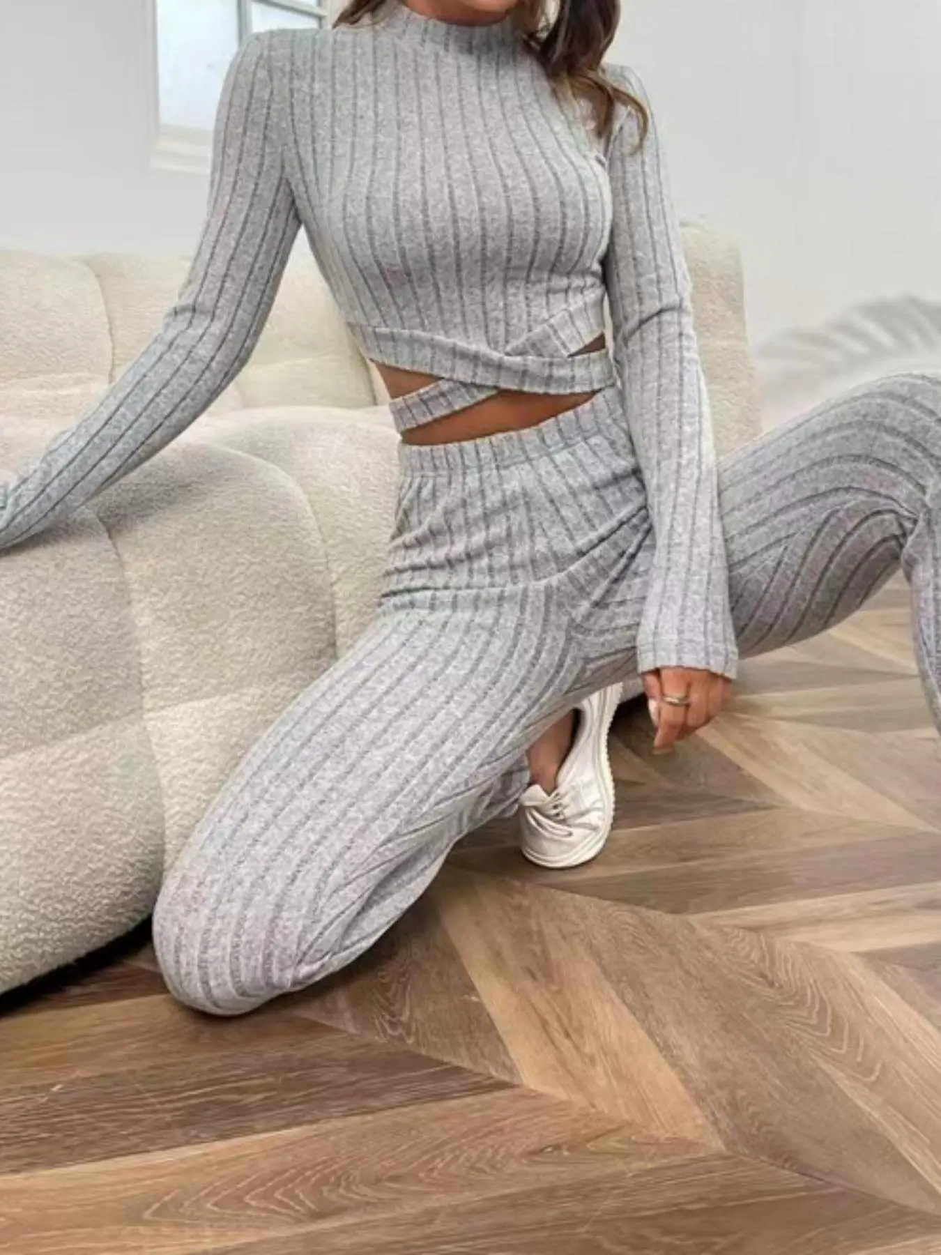 Two-Piece Set Women's Criss Cross Crop Top & Textured Pants Knit Co-ord Set, Basic Solid Top & High Waist Trousers Two-piece Set, Fashion Cozy-chic Lady Two Piece Outfits
