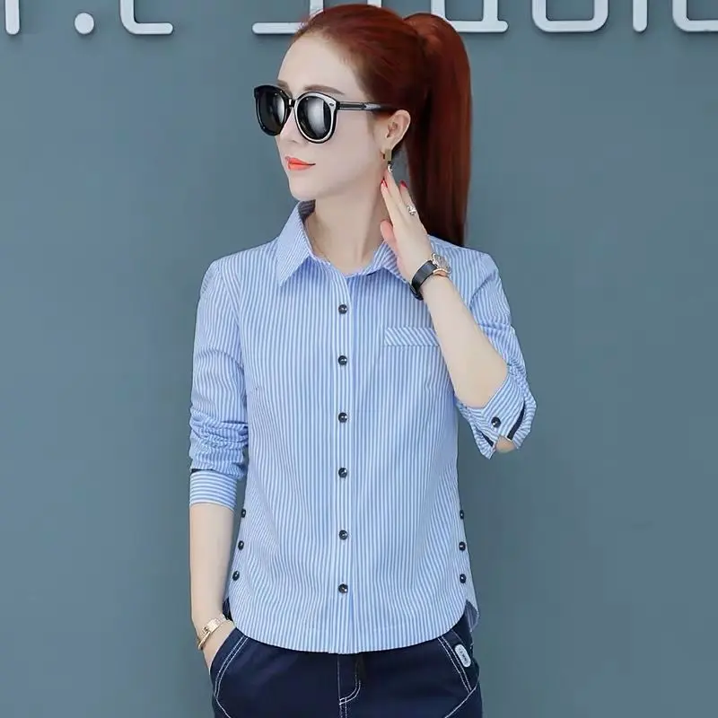 Áo Sơ Mi Sọc, Dáng Ôm, Dài Tay, Phong Cách Hàn Quốc Và Phương Tây, Dành Cho Nữ, Áo Sơ Mi Cơ Sở, Quần Áo Nữ, Hàng Mới Về Mùa Xuân Và Mùa Thu, 2024 2