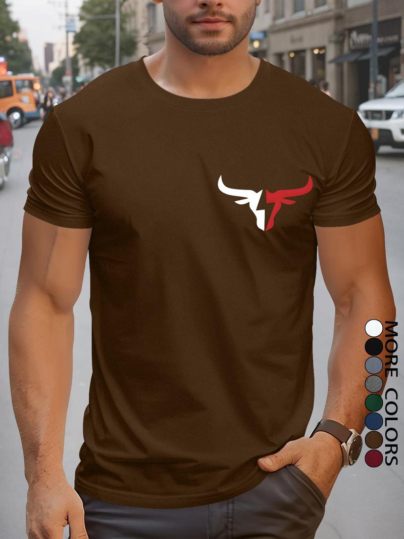 Product Introduction of Men's Regular Fit Bull Head Print Round Neck Tee, Casual Short Sleeve Crew Neck T-shirt for Summer, Fashion Men's Top for Daily Wear 8