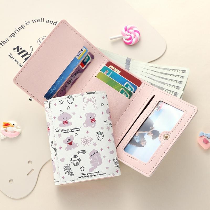 Ví ngắn, da PU dễ thương, thiết kế hoạt hình mèo Kitty, với Thắt Nơ ví đựng tiền Xu, thích hợp cho sinh viên, túi tiền 7