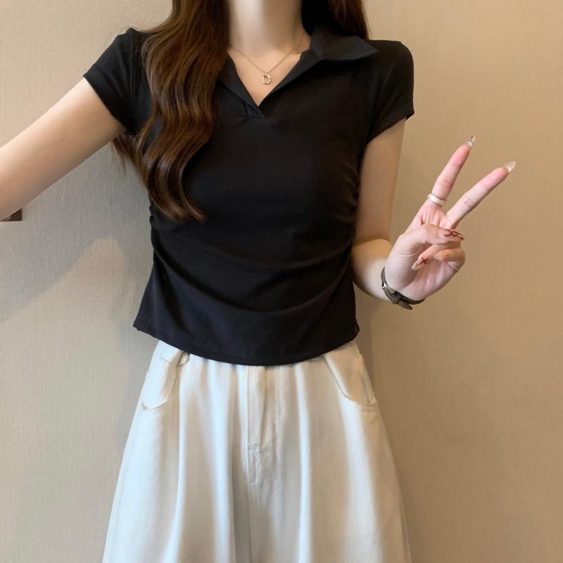 Product Introduction of 106 # Real Shot Real Price 40s Pure Cotton 210g (92% Cotton/8% Spandex) Polo Collar Waist-Cinching Short Sleeve T-Shirt for Women Top Womenswear 13