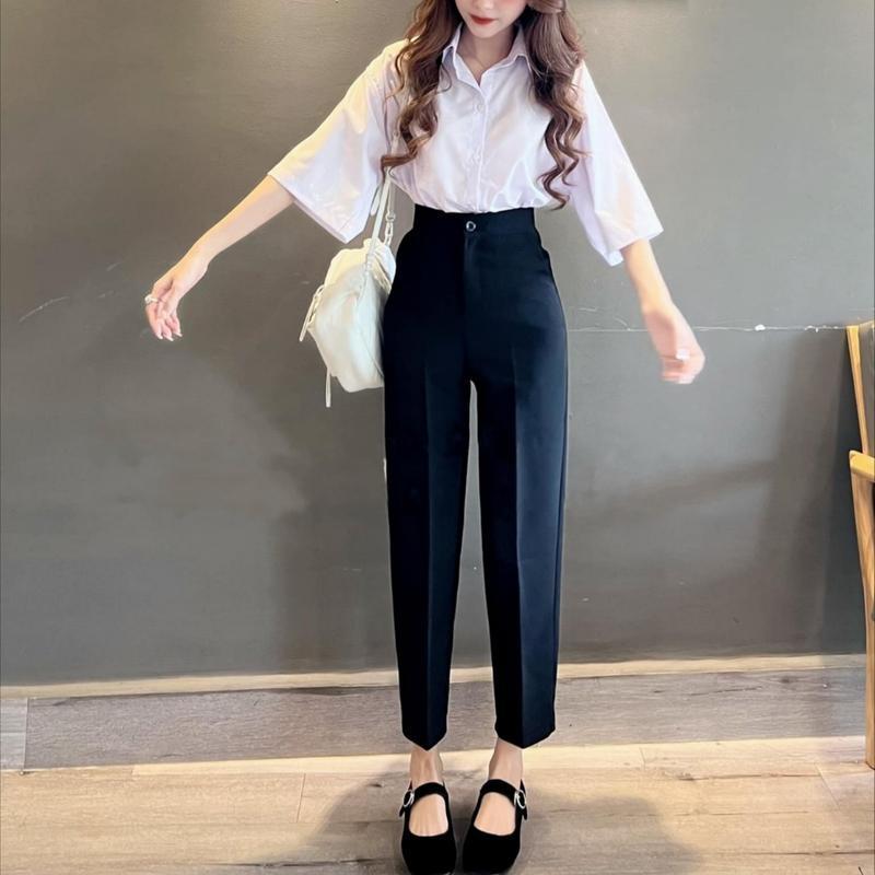Quần Tây Nữ Lưng Cao Ống Đứng Dáng Dài Có Đai Co Dãn Nhẹ 1 Khuy Chất Vải Mềm Đen Quần Vải Baggy Nữ Cạp Cao Đi Học Sinh Đi Học Ong Pants Women Kem 4