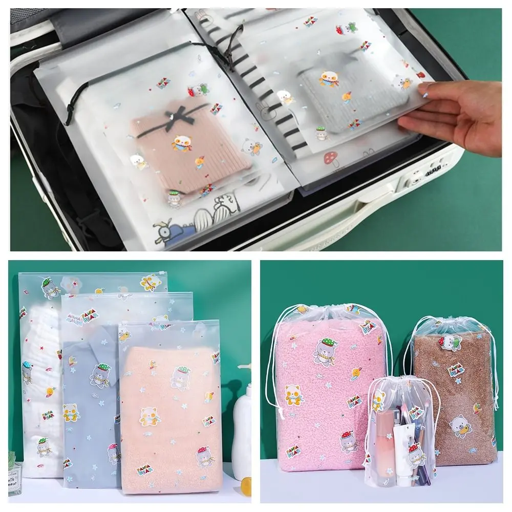 Creative Cartoon Bear Storage Bags Translucent PE Zipper/Drawstring Bag Hanging Bags Multifunction Luggage Sorting Package Outdoor Travel/Bussiness Trip