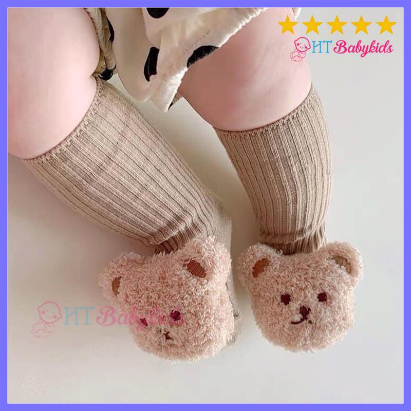 Tất vớ len xù đính Gấu style Hàn Quốc, tất gấu cao cổ có chống trơn trượt đáng yêu, ấm áp cho bé