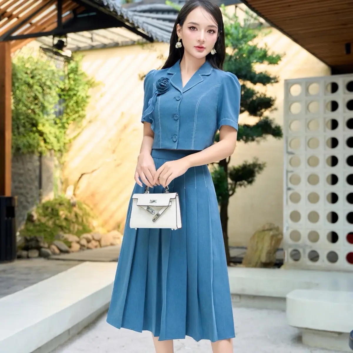 HOABONG Blossom Set Sét áo mix chân váy xếp ly kèm tag hoa rời
