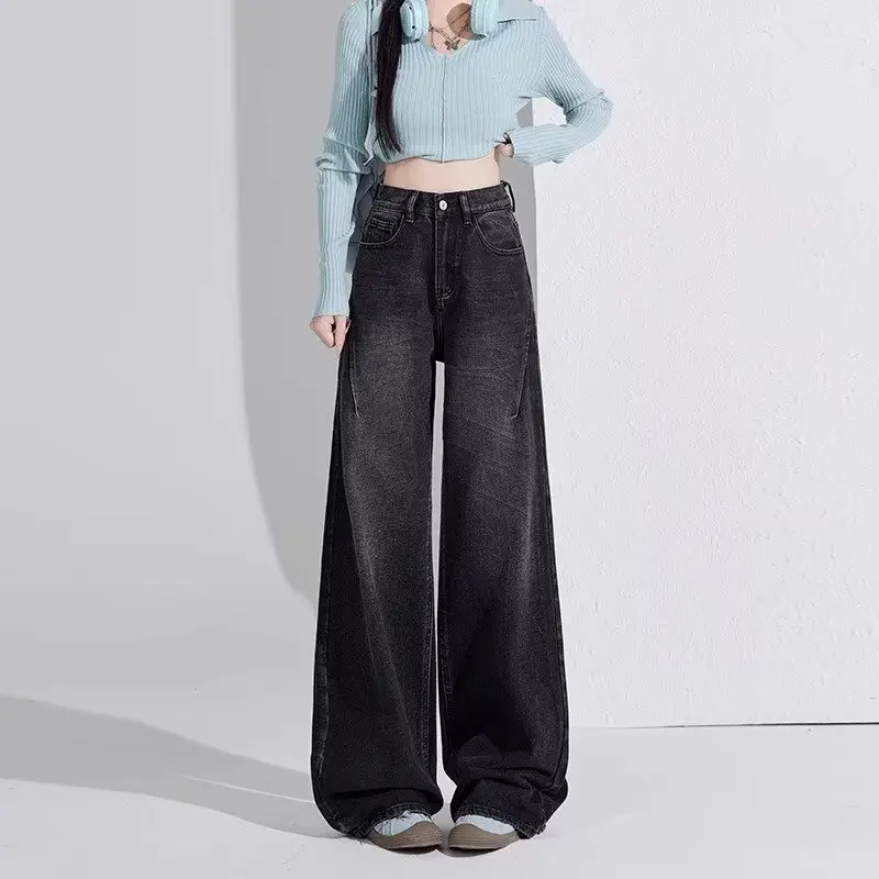 American-Style Black and Gray Straight Jeans for Women Spring and Autumn New Versatile High Waist Wide Leg Mop Pants