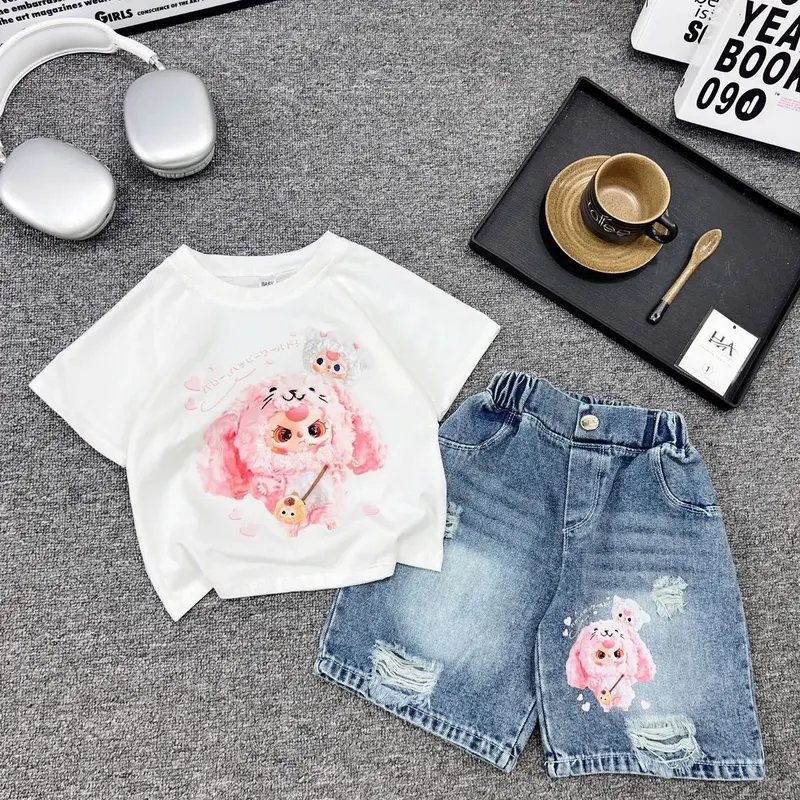 ( 11-35kg) Bộ quần bò jean cộc + áo phông in hình baby  cho bé gái mã 01 5