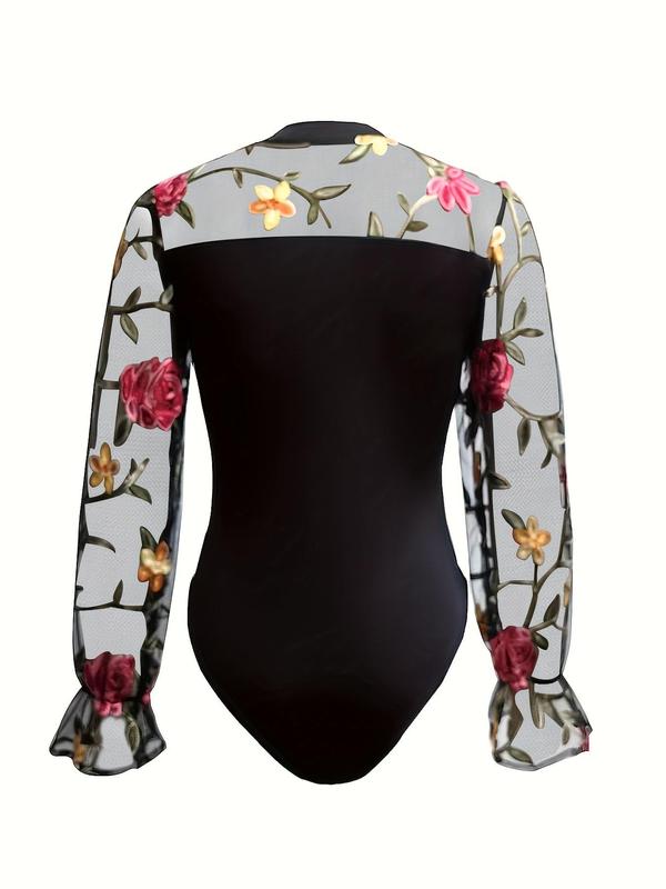Women's Floral Embroidery Sheer Contrast Mesh Flounce Sleeve Bodysuit, Elegant Mock Neck Long Sleeve Bodycon One Piece Bodysuit For Vacation Holiday, Ladies Spring & Fall Clothes 1