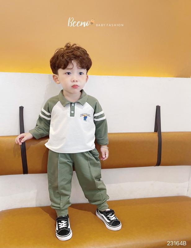  Bộ  quần+áo  Beemo dài tay cho bé trai cổ polo phối kẻ tay thể thao cá tính vải cotton thoáng mát 23160B 