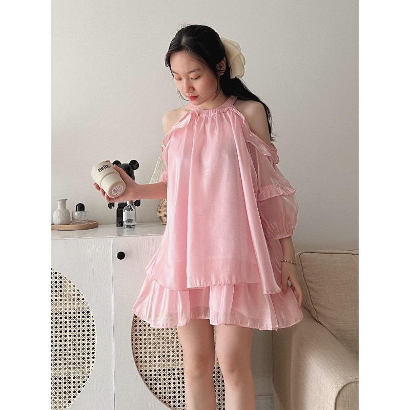 Váy cổ yếm khoét vai tay bồng Hàn Quốc tơ ánh kim siêu xinh - M33